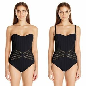 Kenneth Cole Crochet Look Bandeau Black One Piece Strapless Swimsuit NWTs Large